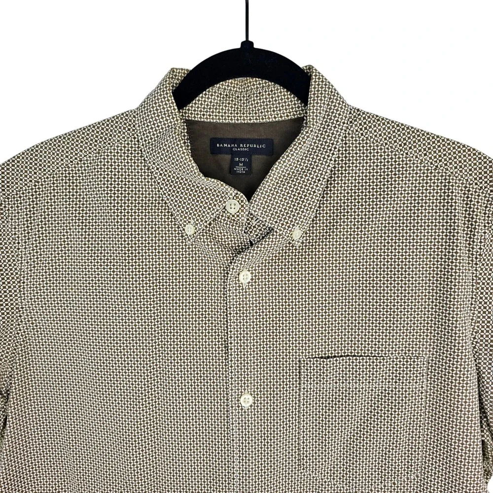 Banana Republic Men's Short Sleeve Button Down‎ Shirt Brown Geometric Medium